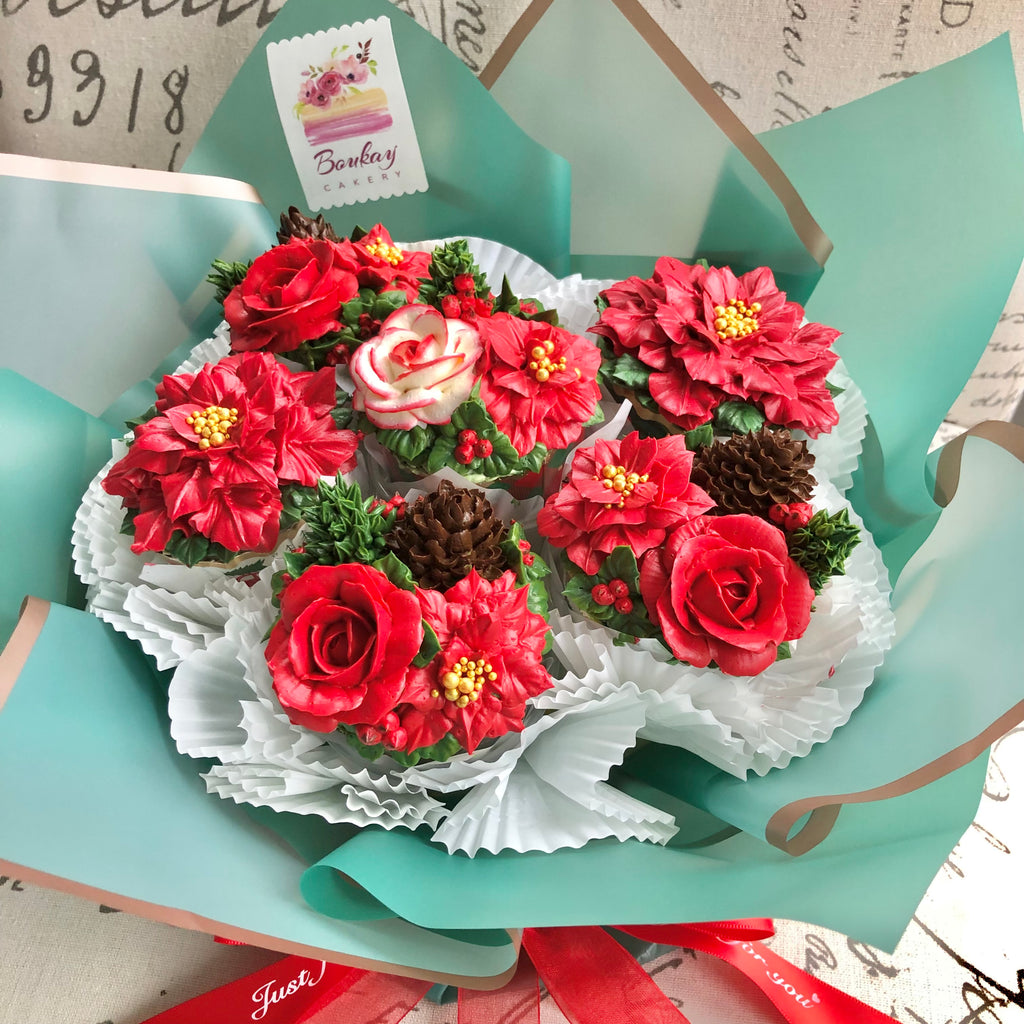 Christmas Blossoms Cupcake Bouquet (Green Flower Wrapping)